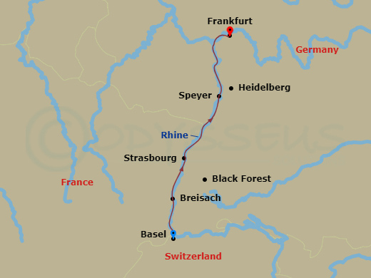4 Night - Christmastime in Alsace & Germany (Northbound) - Avalon Imagery II - Starting in Basel, Switzerland (Embarkation), Breisach, Germany Excursion to Black Forest, Strasbourg, France, Speyer, Germany / Heidelberg Excursion, Frankfurt (Disembarkation) itinerary map