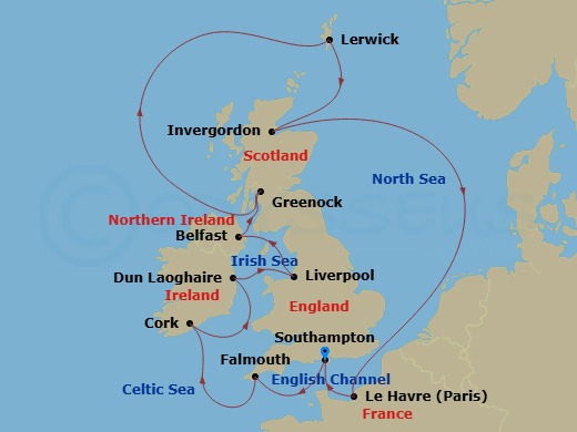 Majestic Princess - 12 Night - British Isles with France & Belfast - Majestic Princess - Starting in Southampton (for London), England, Cornwall (Falmouth), England, Cork, Irelan.. itinerary map