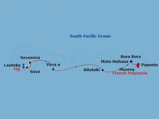 MS Paul Gauguin - 13 Night - Fiji, Tonga, Cook Islands and Society Islands - MS Paul Gauguin - Starting in Lautoka, Viti Levu Island, Beqa Island, Suva, Viti Levu Island, Savus.. itinerary map