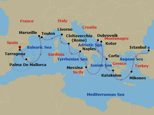 14 Night - Mediterranean Classics - Oceania Allura - Starting in Istanbul, Mykonos, Katakolon, Corfu, Dubrovnik, Croatia, Kotor, Messina (Sicily), Naples / Pompeii, Rome (Civitavecchia), Florence / Pisa / Tuscany (Livorno), Toulon, Provence (Marseille), Palma De Mallorca, Barcelona (Tarragona) itinerary map