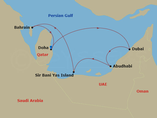 Celestyal Journey - 7 Night - Desert Days from Doha - Celestyal Journey - Starting in Doha, Qatar, Dubai, Uae, Abu Dhabi, Uae, Sir Baniyas Island, UAE, Bahrain, Doha, Qatar itinerary map