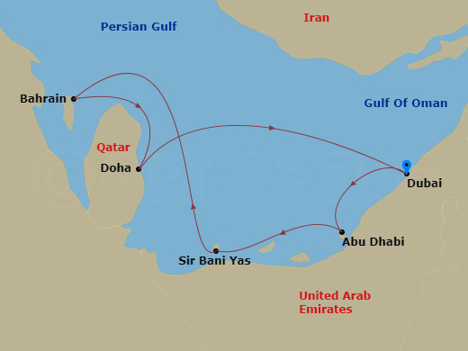 Celestyal Journey - 7 Night - Desert Days from Dubai - Celestyal Journey - Starting in Dubai, Uae, Abu Dhabi, Uae, Sir Baniyas Island, UAE, Bahrain, Doha, Qatar, Dubai, Uae itinerary map