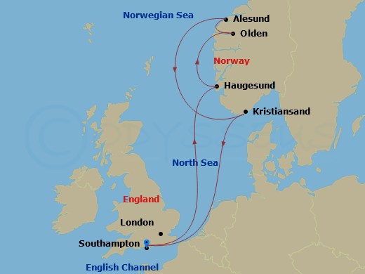 MSC Virtuosa - 7 Night - Northern Europe - MSC Virtuosa - Starting in Southampton (London), United Kingdom, Haugesund, Norway, Olden, Norway, Alesund, Norway, Kristiansand,.. itinerary map