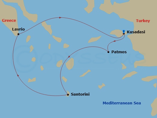 Celestyal Discovery - 3 Night - Iconic Greek Islands - (Mar & Nov) - Celestyal Discovery - Starting in Kusadasi, Patmos, Santorini, Lavrion, Athens, Kusadasi itinerary map