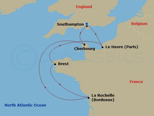 Queen Anne - 7 Night - Europe Roundtrip from Southampton - Queen Anne - Starting in Southampton, England, UK, Le Havre, France, Brest, France, La Rochelle, France, Cherbou.. itinerary map