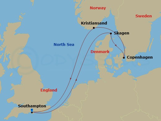 Queen Anne - 7 Night - Norway and Denmark - Queen Anne - Starting in Southampton, England, UK, Skagen, Denmark, Copenhagen, Denmark, Kristiansand, Norway, Southampton, Eng.. itinerary map