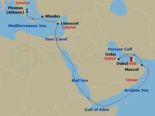 MSC World Europa - 15 Night - Msc Grand Voyages - MSC World Europa - Starting in Piraeus (Athens), Greece, Rhodes (Lindos), Greece, Limassol, Cyprus, Suez Canal (Transit), Egypt.. itinerary map