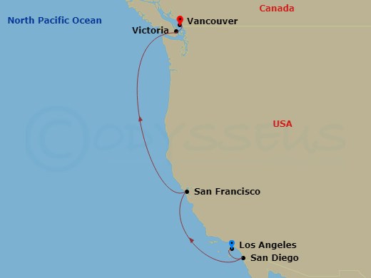 EXPLORA III - 7 Night - A Journey from Californian Treasures to Dramatic British Columbian Shores - EXPLORA III - Starting in Los Angeles, San Diego, San Francisco, Victori.. itinerary map