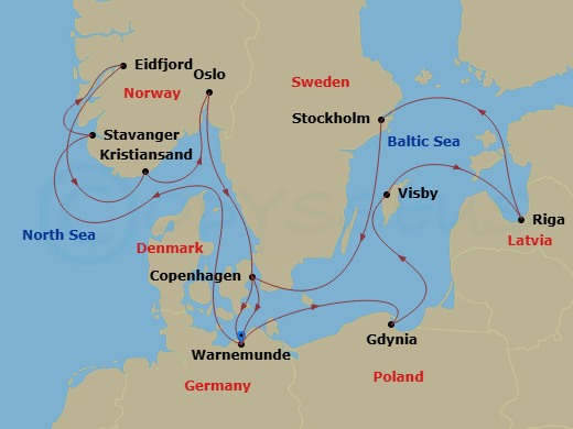 MSC Magnifica - 14 Night - Northern Europe - MSC Magnifica - Starting in Warnemunde (Berlin), Germany, Gdynia (Gdansk), Poland, Visby, Sweden, Riga, Latvia, Stockholm, Sweden.. itinerary map