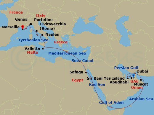 20 Night - MSC Grand Voyages - MSC World Europa - Starting in Dubai, United Arab Emirates, Abu Dhabi, United Arab Emirates, Sir Baniyas Island, UAE, Muscat, Oman, Safaga, Egypt, Suez Canal (Transit), Egypt, La Valletta, Malta, Naples (Pompeii), Italy, Civitavecchia (Rome), Italy, Genoa (Portofino), Italy, Marseille (Provence), France itinerary map