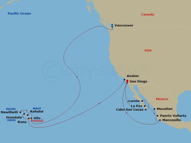 HAL Koningsdam - 28 Night - Circle Hawaii and Sea of Cortez - HAL Koningsdam - Starting in Vancouver, BC, CA, Hilo, Hawaii, Kahului, Maui, Nawiliwili, Kauai, Hawaii, Honolulu,.. itinerary map