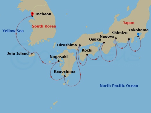 NCL Norwegian Jade - 9 Night - Asia - Japan - NCL Norwegian Jade - Starting in Tokyo (Yokohama), Japan, Mount Fuji / Shimizu, Japan, Nagoya, Japan, Kyoto / Osaka, Japan, Kochi, Ja.. itinerary map