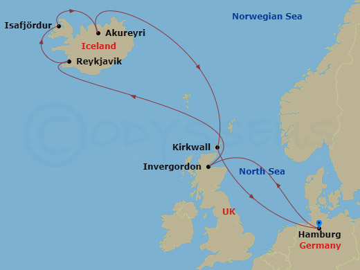 MSC Preziosa - 11 Night - Northern Europe - MSC Preziosa - Starting in Hamburg, Germany, Invergordon, United Kingdom, Reykjavik, Isafjordur, Akureyri, Kirkwall (Orkney Islan.. itinerary map
