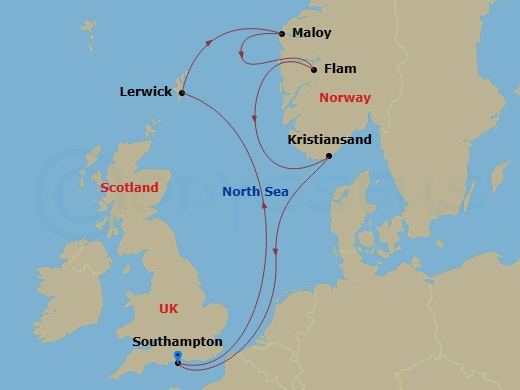 7 Night - Northern Europe - MSC Virtuosa - Starting in Southampton (London), United Kingdom, Lerwick (Shetland Islands), United Kingdom, Maloy, Norway, Flam, Norway, Kristiansand, Norway, Southampton (London), United Kingdom itinerary map