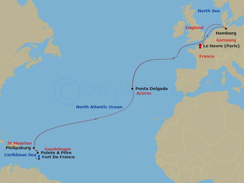 15 Night - Msc Grand Voyages - MSC Virtuosa - Starting in Fort-de-France, Martinique, Pointe-A-Pitre, Guadeloupe, Philipsburg, Saint Martin, Ponta Delgada (Azores), Portugal, Hamburg, Germany, Le Havre (Paris), France itinerary map