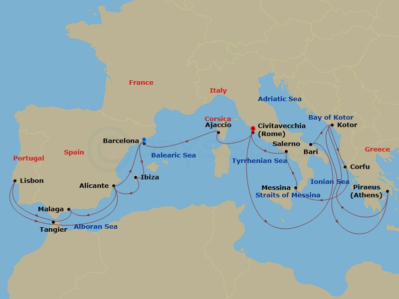 27 Night - Solar Eclipse Collectors' Voyage : Iberia & Italy - Oosterdam - Starting in Barcelona, Spain, Ibiza, Spain, Alicante, Spain, Malaga, Spain, Tangier, Morocco, Lisbon, Portugal, Alicante, Spain, Barcelona, Spain, Ajaccio, Corsica, France, Civitavecchia (Rome), Italy, Bari (Puglia), Italy, Kotor, Montenegro, Scenic cruising Bay of Kotor, Piraeus (Athens), Greece, Kotor, Montenegro, Scenic cruising Bay of Kotor, Kerkira, (Corfu), Greece, Messina, Italy, Cruising Strait of Messina, Evening cruising Stromboli Volcano, Salerno, Italy, Civitavecchia (Rome), Italy itinerary map