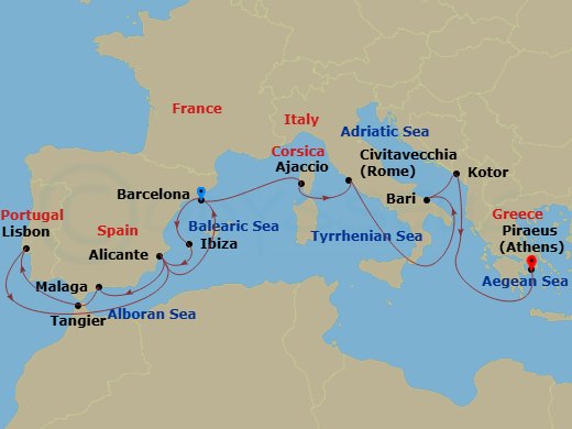 20 Night - Solar Eclipse Collectors' Voyage : Spain & Morrocco - Oosterdam - Starting in Barcelona, Spain, Ibiza, Spain, Alicante, Spain, Malaga, Spain, Tangier, Morocco, Lisbon, Portugal, Alicante, Spain, Barcelona, Spain, Ajaccio, Corsica, France, Civitavecchia (Rome), Italy, Bari (Puglia), Italy, Kotor, Montenegro, Scenic cruising Bay of Kotor, Piraeus (Athens), Greece itinerary map