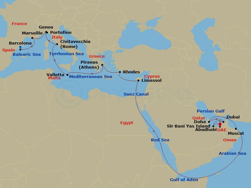 24 Night - Msc Grand Voyages - MSC World Europa - Starting in Barcelona, Spain, Marseille (Provence), France, Genoa (Portofino), Italy, Civitavecchia (Rome), Italy, La Valletta, Malta, Piraeus (Athens), Greece, Rhodes (Lindos), Greece, Limassol, Cyprus, Suez Canal (Transit), Egypt, Muscat, Oman, Doha, Qatar, Dubai, United Arab Emirates, Sir Baniyas Island, UAE, Abu Dhabi, United Arab Emirates itinerary map