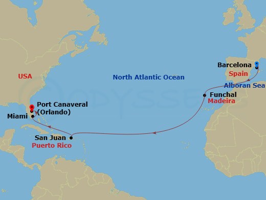 MSC Grandiosa - 14 Night - Msc Grand Voyages - MSC Grandiosa - Starting in Barcelona, Spain, Funchal (Madeira Islands), Portugal, San Juan Porto Rico, Miami, Florida, Port Ca.. itinerary map