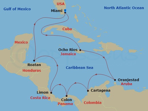 MSC Divina - 11 Night - Caribbean and Antilles - MSC Divina - Starting in Miami, Florida, Ocho Rios, Jamaica, Oranjestad, Aruba, Cartagena CO, Colon, Panama, Puerto Limon,.. itinerary map