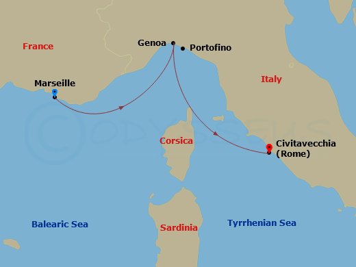 MSC World Europa - 2 Night - Mediterranean - MSC World Europa - Starting in Marseille (Provence), France, Genoa (Portofino), Italy, Civitavecchia (Rome), Italy itinerary map