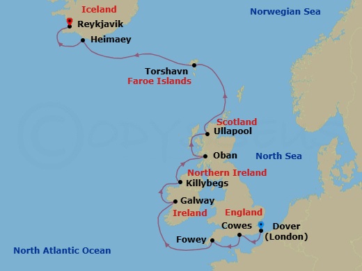 14 Night - West Ireland Gems & Solar Eclipse - Seabourn Ovation - Starting in Dover UK (London), England, Cowes, Isle of Wight, England, UK, Fowey, Cornwall, United Kingdom, Galway, Ireland, Killybegs, Donegal, Ireland, Oban UK, Scotland, Ullapool, Scotland, United Kingdom, Torshavn, Faroe Islands, Heimaey, Westman Islands, Iceland, Reykjavik, Iceland itinerary map