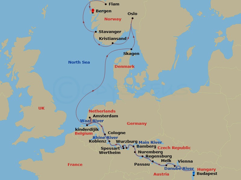 Viking Lif - 21 Night - Grand European & Viking Fjords - Viking Lif - Starting in Budapest, Vienna, Scenic Sailing Wachau Valley, Melk, Passau, Regensburg, Main-Danube Can.. itinerary map