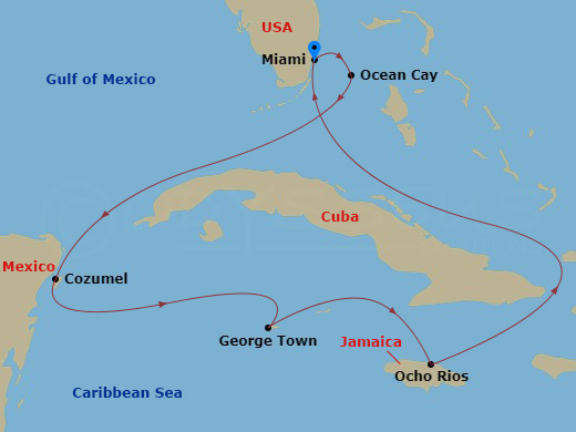 7 Night - Caribbean and Antilles - MSC Divina - Starting in Miami, Florida, Ocean Cay Msc Marine Reserve, Bahamas, Cozumel, Mexico, George Town, Cayman Islands, Ocho Rios, Jamaica, Miami, Florida itinerary map