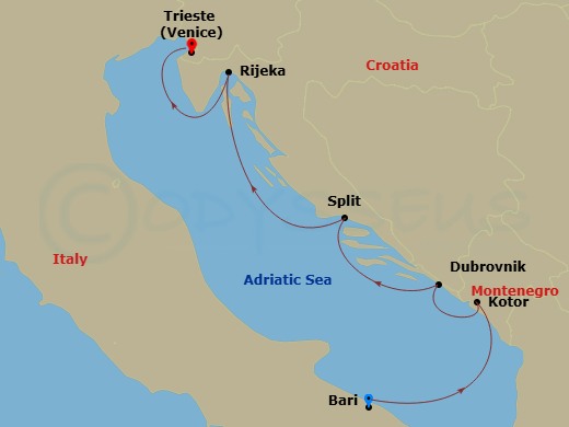 Costa Deliziosa - 5 Night - Eastern Mediterranean from Bari - Costa Deliziosa - Starting in Bari, Kotor, Montenegro, Dubrovnik, Croatia, Split, Croatia, Rijeka, Croatia, Trieste itinerary map