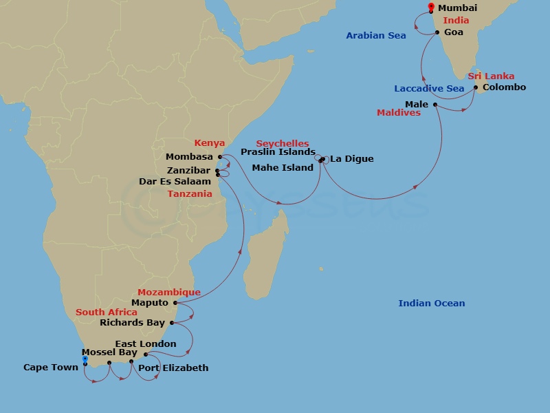 Crystal Symphony - 26 Night - Africa & Indian Ocean - Crystal Symphony - Starting in Cape Town, Mossel Bay, Port Elizabeth ZA, East London, Richards Bay, Maputo, Dar Es Salaam,.. itinerary map