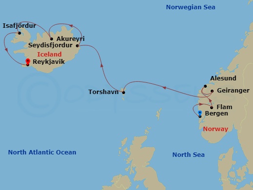 Viking Mira - 12 Night - Iceland's Majestic Landscapes - Viking Mira - Starting in Bergen, Flam, Norway, Alesund, Geiranger, Norway, Sail the North Sea, Torshavn, Sail the.. itinerary map