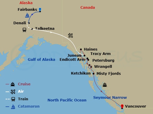 Star Seeker Cruise Tours - 12 Night - Alaskan Coastal Adventures & Denali Discovery Cruise Tour - Star Seeker Cruise Tours - Starting in Fairbanks, Denali, Talkeetna, Juneau, Haines, Tr.. itinerary map