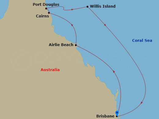 Carnival Luminosa - 7 Night - Great Barrier Reef - Carnival Luminosa - Starting in Brisbane, Australia, Airlie Beach, Australia, Cairns, Australia, Port Douglas, Australia, Willi.. itinerary map