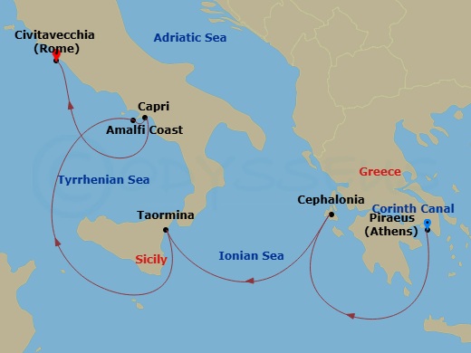 SeaDream I - 6 Night - Cruise from Athens (Piraeus) to Rome (Civitavecchia) - SeaDream I - Starting in Athens (Piraeus), Corinth Canal Transit, Fiskardo, Cephalonia, Saili.. itinerary map