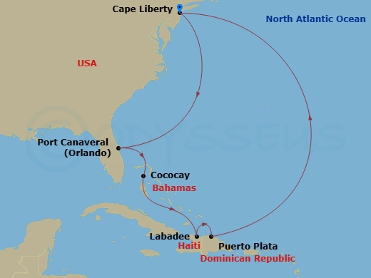 RCL Oasis of the Seas - 9 Night - Eastern Caribbean & Perfect Day - RCL Oasis of the Seas - Starting in Cape Liberty, Nj (Ny Metro), Orlando (Port Canaveral), Fl, Perfect Day Cococay.. itinerary map