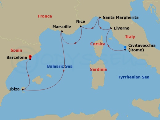 RCL Brilliance of the Seas - 7 Night - Italy, Spain & French Riviera - RCL Brilliance of the Seas - Starting in Rome (Civitavecchia), Italy, Florence / Pisa (Livorno), Italy, Santa Marghe.. itinerary map