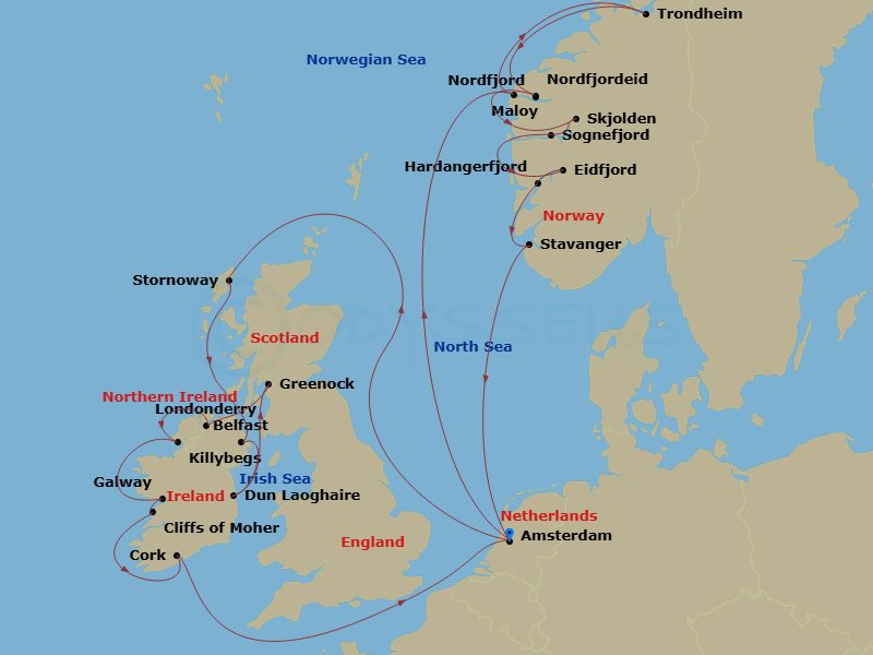 HAL Zuiderdam - 21 Night - Norwegian Fjords, Ireland & Cliffs of Moher - HAL Zuiderdam - Starting in Amsterdam, the Netherlands, Maloy, Norway, Trondheim, Norway, Nordfjordei.. itinerary map