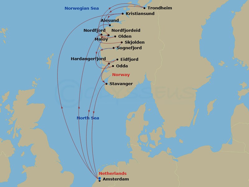 HAL Zuiderdam - 17 Night - Norwegian Fjords & Landscapes - HAL Zuiderdam - Starting in Amsterdam, the Netherlands, Kristiansund, Norway, Alesund, Norway, Olden, Norway, Sceni.. itinerary map