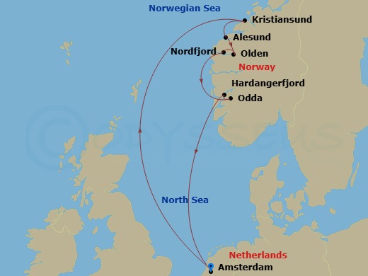 HAL Zuiderdam - 7 Night - Norwegian Fjords & Nordfjord with History Channel - HAL Zuiderdam - Starting in Amsterdam, the Netherlands, Kristiansund, Norway, Alesund, Norway, O.. itinerary map
