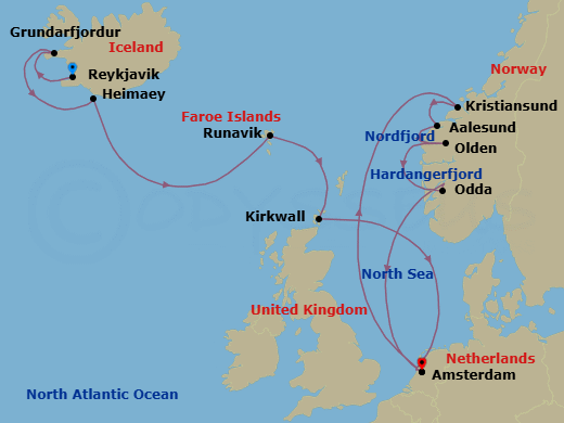14 Night - Iceland & Norwegian Fjords - Zuiderdam - Starting in Reykjavik, Iceland, Grundarfjordur, Iceland, Heimaey, Westman Islands, Iceland, Runavik, Faroe Islands, Kirkwall, Scotland, United Kingdom, Amsterdam, the Netherlands, Kristiansund, Norway, Alesund, Norway, Olden, Norway, Scenic Cruising Nordfjord, Odda, Norway, Scenic cruising Hardangerfjord, Amsterdam, the Netherlands itinerary map