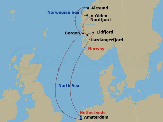 HAL Zuiderdam - 7 Night - Norwegian Fjords & Nordfjord with History Channel - HAL Zuiderdam - Starting in Amsterdam, the Netherlands, Eidfjord, Norway, Scenic cruising Hardan.. itinerary map