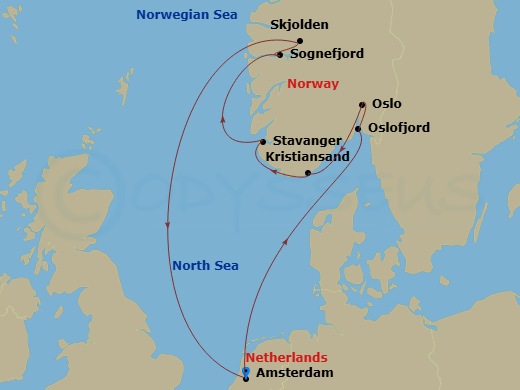 HAL Zuiderdam - 7 Night - Norwegian Fjords & Sognefjord with History Channel - HAL Zuiderdam - Starting in Amsterdam, the Netherlands, Scenic cruising Oslofjord, Oslo, Norway.. itinerary map