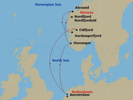 HAL Zuiderdam - 7 Night - Norwegian Fjords & Nordfjord with History Channel - HAL Zuiderdam - Starting in Amsterdam, the Netherlands, Eidfjord, Norway, Scenic cruising Hardan.. itinerary map