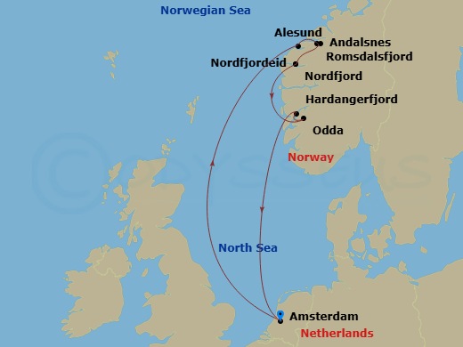 HAL Zuiderdam - 7 Night - Norwegian Fjords & Romsdalsfjord with History Channel - HAL Zuiderdam - Starting in Amsterdam, the Netherlands, Alesund, Norway, Andalsnes, Norway,.. itinerary map