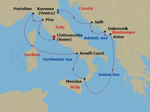 Celebrity Constellation - 10 Night - Best of Italy & Croatia Cruise - Celebrity Constellation - Starting in Ravenna, Italy, Split, Croatia, Dubrovnik, Croatia, Kotor, Montenegro, Sicil.. itinerary map