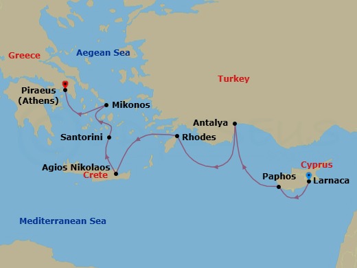 7 Night - Yachting Gems of the Aegean Sea - Emerald Kaia - Starting in Larnaca, Cyprus, Paphos, Cyprus, Antalya, Turkey, Rhodes, Greece, Agios Nikolaos, Greece, Santorini, Greece, Mykonos, Greece, Athens (Piraeus), Greece itinerary map