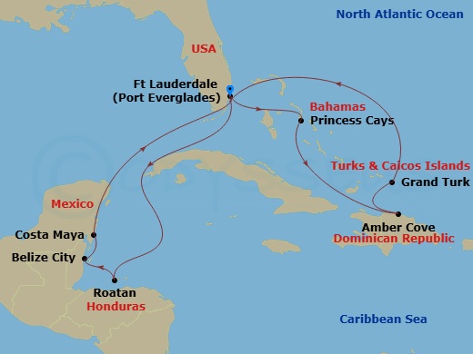 Star Princess - 14 Night - Eastern / Western Caribbean Adventurer - Star Princess - Starting in Fort Lauderdale, Florida, Roatan (Mahogany Bay, Honduras), Belize City, Belize.. itinerary map
