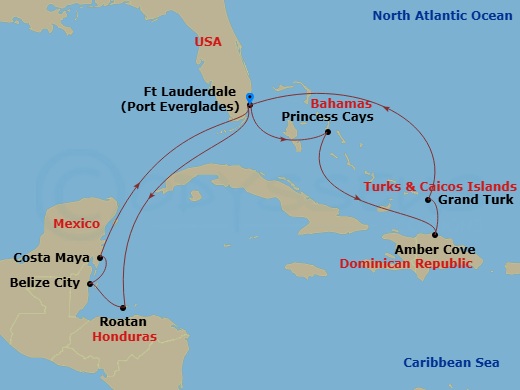 Star Princess - 14 Night - Eastern / Western Caribbean Adventurer Holiday - Star Princess - Starting in Fort Lauderdale, Florida, Princess Cays, Bahamas, Amber Cove, Dominica.. itinerary map