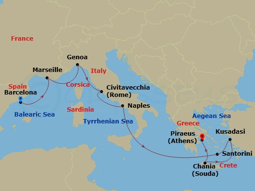 Sun Princess - 9 Night - Mediterranean & Greek Isles - Sun Princess - Starting in Barcelona, Spain, Marseille (Provence), France, Genoa (for Cinque Terre), Italy, Civitavecc.. itinerary map