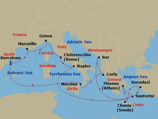 Sun Princess - 16 Night - Mediterranean with Greece, France & Italy - Sun Princess - Starting in Barcelona, Spain, Marseille (Provence), France, Genoa (for Cinque Terre), It.. itinerary map